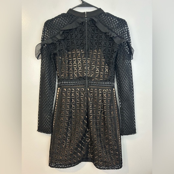 Self-Portrait Black Mesh/Tonal Lace Ruffle Long Sleeve Sheath Mini Dress Size 4 - Picture 8 of 16